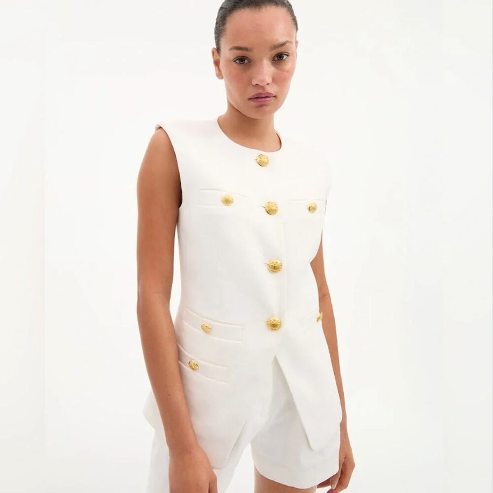 NWT Veronica Beard Tamara Linen Vest Off White Gold Buttons Size 8 $548